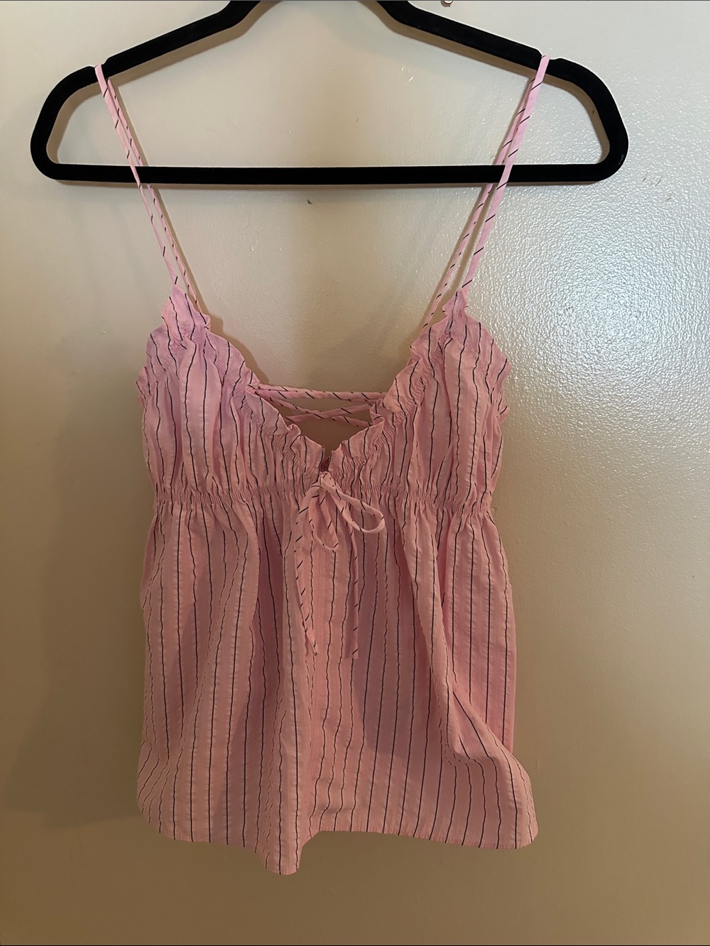 Princess Polly Pink Black Striped Cami Top V-Neck Ruffle Spaghetti Strap US 4